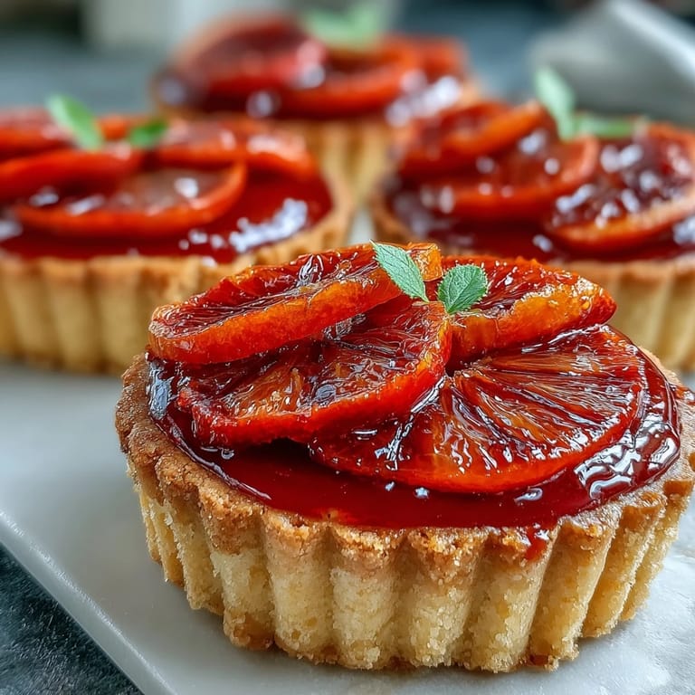 Homemade Blood Orange Tarts featuring glossy honey-glazed oranges, showcasing the dessert's tangy flavor and crisp, buttery tart shells.