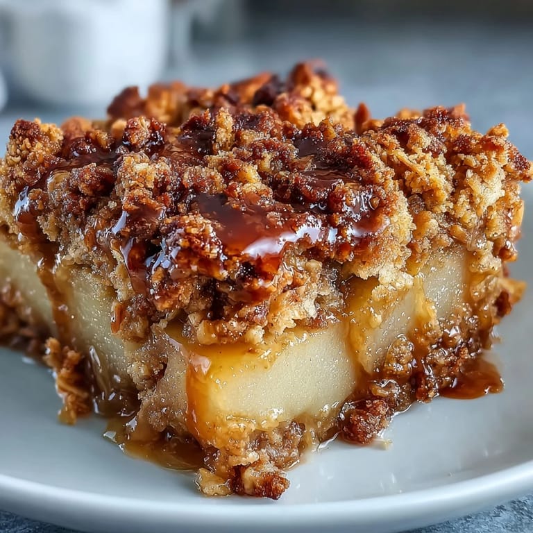 A thick golden crumble topping covers tender baked pears in this comforting British dessert, served bubbling from the oven.