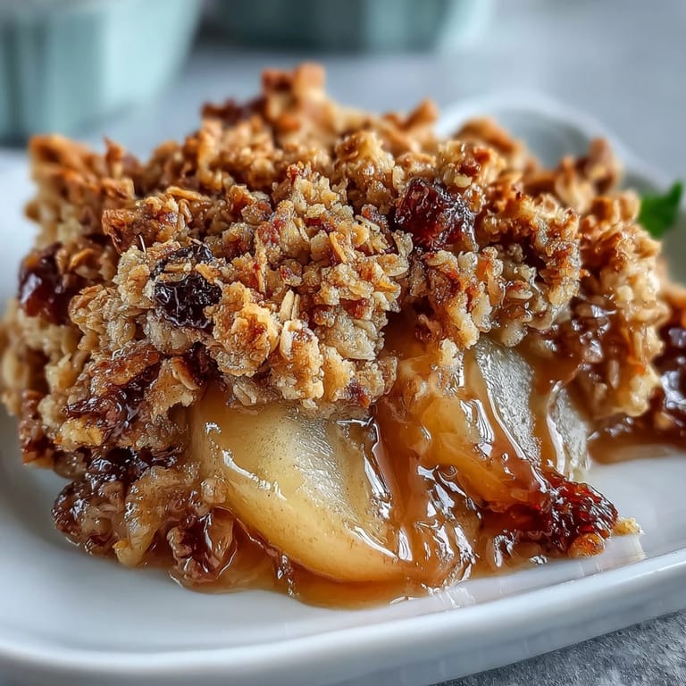 Freshly baked Pear Crumble with a rustic golden crust and cinnamon-spiced pears, served warm from the oven.