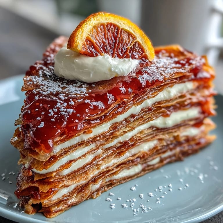 Layers of crêpes, blood orange curd, and whipped cream are visible in a slice.