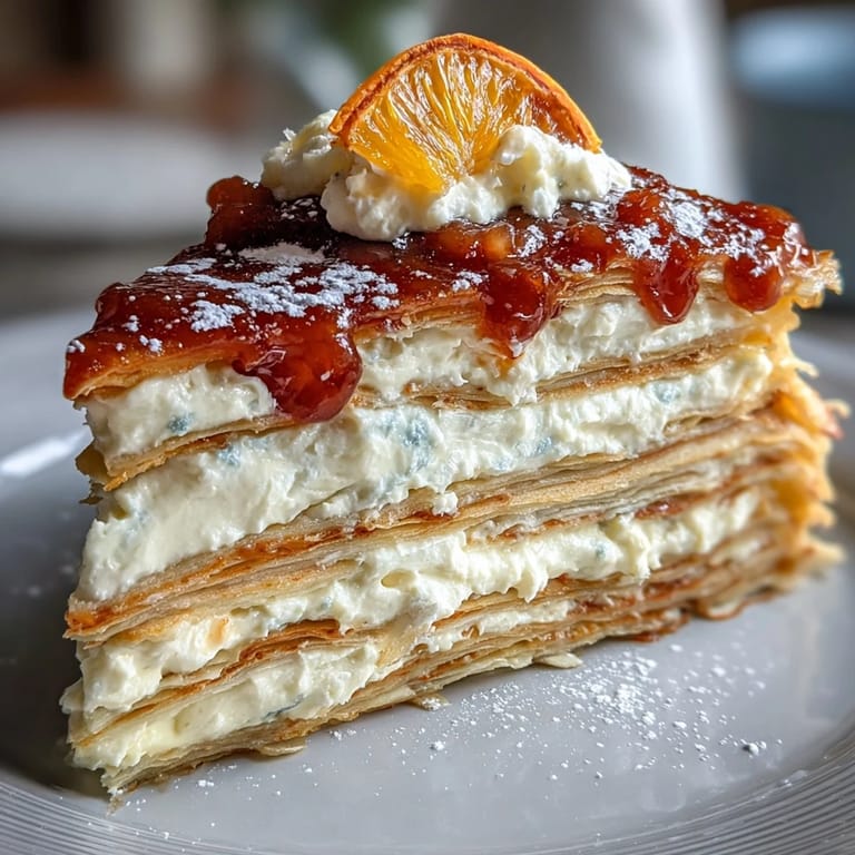 The dessert looks elegant and ready to serve chilled with a dusting of powdered sugar.