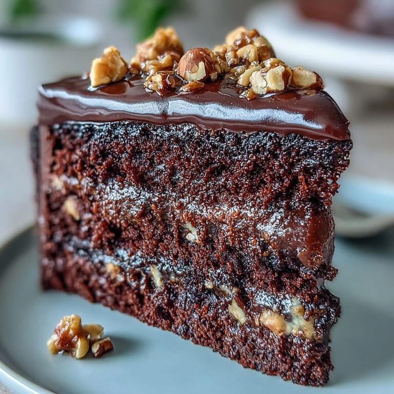 A tall Chocolate Celebration Cake with layered ganache and hazelnut praline shards, perfect for birthday or holiday dessert tables.