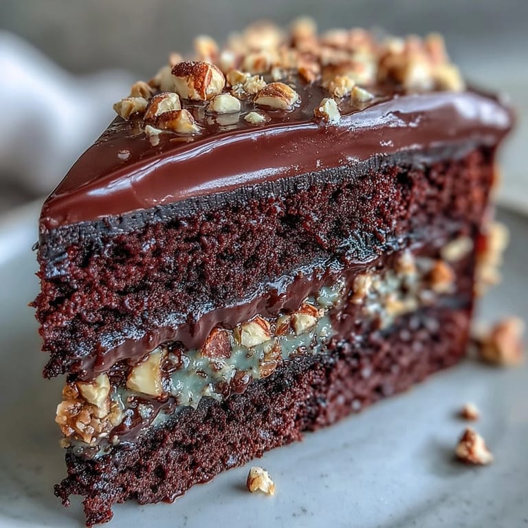 Rich Chocolate Celebration Cake drizzled with ganache and topped with toasted hazelnut praline, ready to serve with espresso.