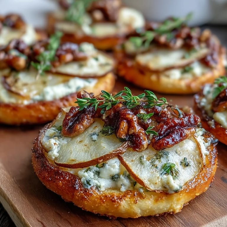 Freshly baked pizzettes featuring sweet pear, tangy Gorgonzola, and pickled walnuts on a crisp base. 