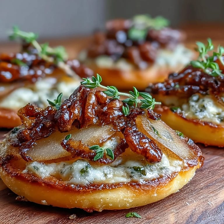 Pear, Gorgonzola, and Pickled Walnut Pizzettes served warm on a rustic wooden board.