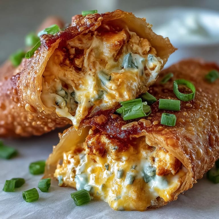 Golden, crunchy egg rolls stuffed with creamy, spicy Buffalo chicken dip and melted cheddar cheese.
