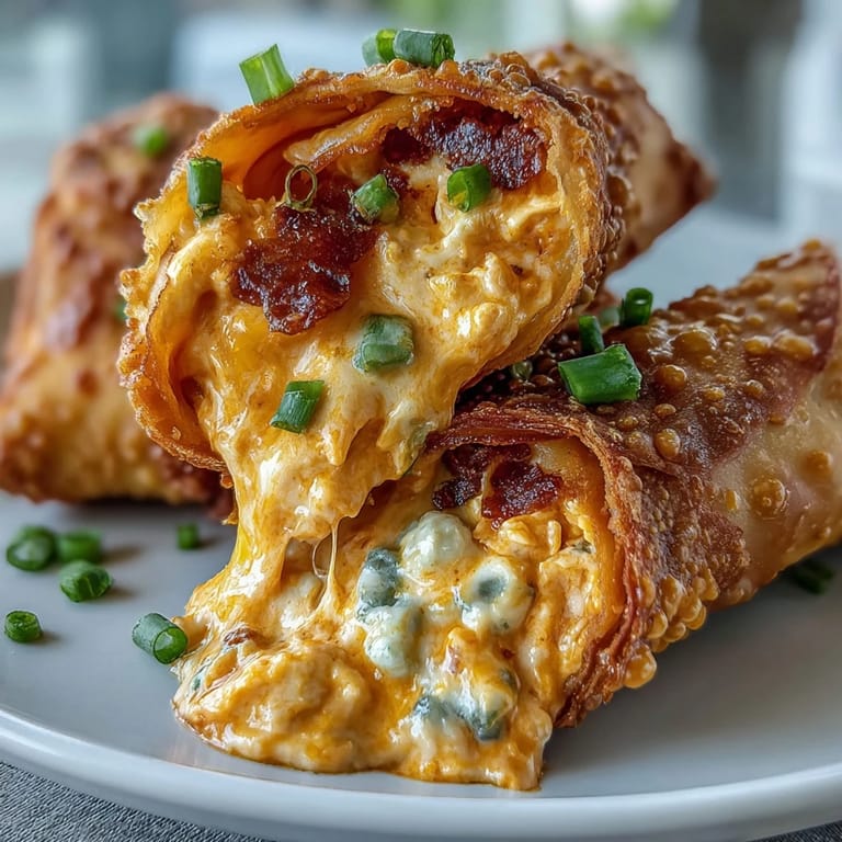 Platter of homemade Buffalo Chicken Dip Egg Rolls, served with blue cheese dressing and carrot sticks.