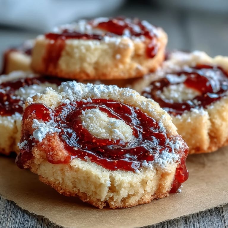 Close-up of Raspberry Swirl Shortbread Cookies displaying rich buttery shortbread and a vibrant swirl of tangy raspberry jam.