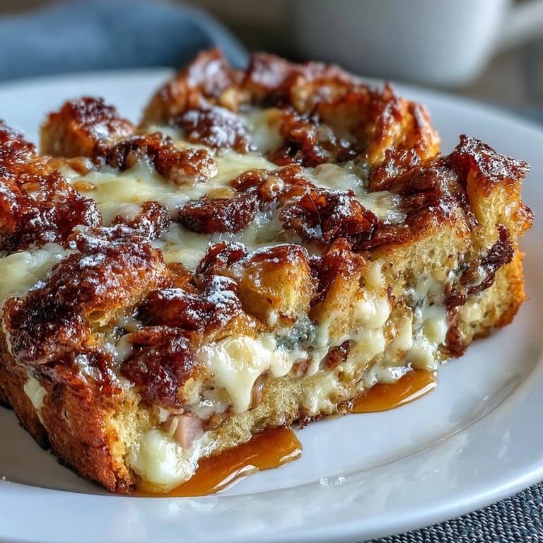 A plated serving of the Monte Cristo Breakfast Casserole topped with fresh berries and a drizzle of syrup.