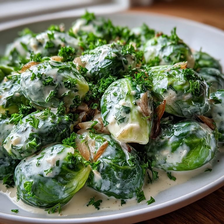Tender Brussels Sprouts in Cream Cheese-Mustard Sauce tossed in a skillet, ready for a vegetarian weeknight dinner with garlic and onion.