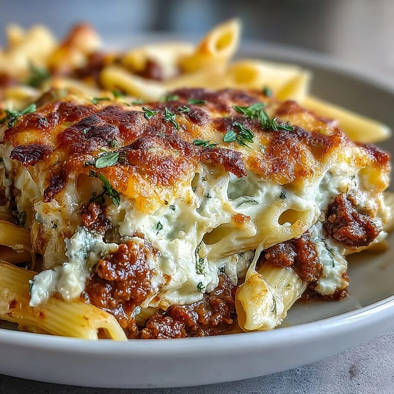A close-up of Cottage Cheese Protein Pasta Bake with Ground Beef reveals creamy curds folded into al dente penne and a robust, meaty red sauce.