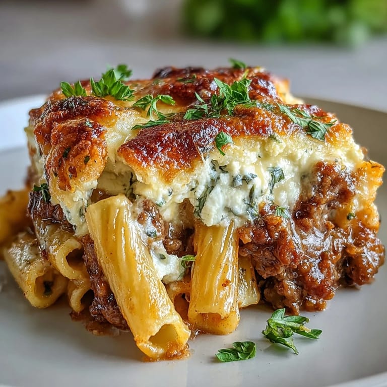 Plated Cottage Cheese Protein Pasta Bake with Ground Beef beside a simple green salad, a perfect weeknight dinner for a family of six.