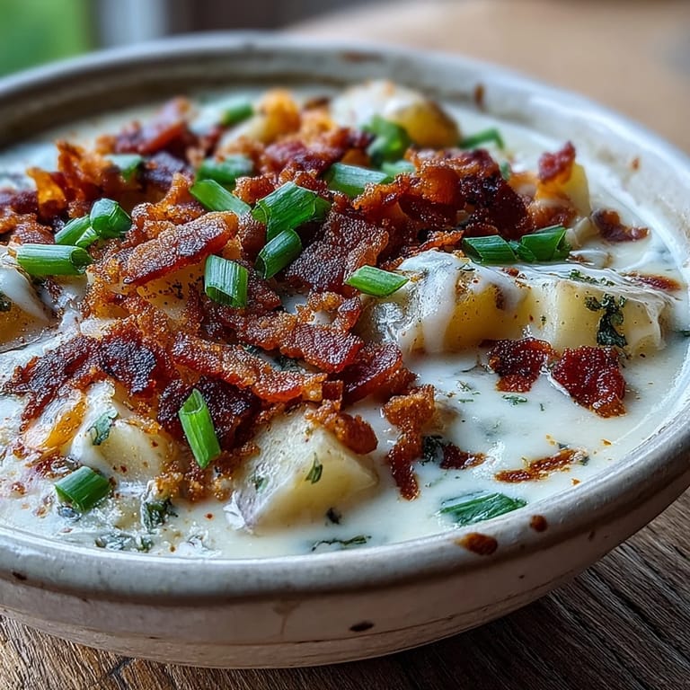 Golden cheddar and sour cream swirl into a pot of homemade Loaded Potato Soup, paired with crusty bread for a comforting lunch.