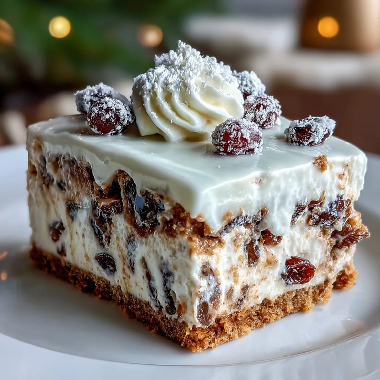 Close-up of Christmas Cheesecake Slab showing creamy spiced filling and crumbly digestive biscuit crust in a rectangular pan.