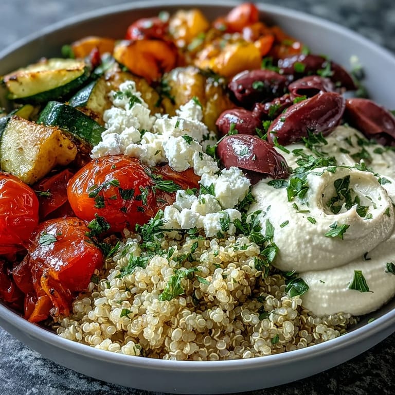 This nourishing Mediterranean Buddha Bowl showcases creamy hummus, tangy feta, and a colorful mix of roasted veggies.