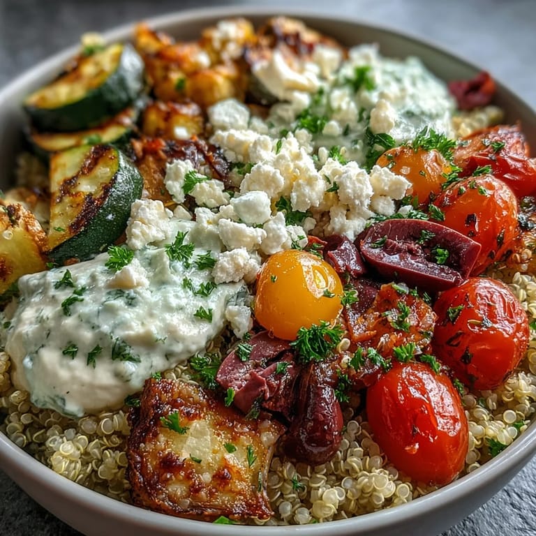 Overhead view of a Mediterranean Buddha Bowl featuring quinoa, olives, Greek yogurt, and lemon wedges for serving.