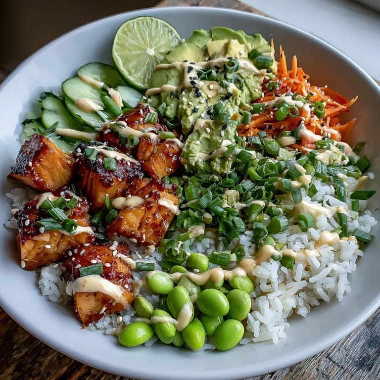 Freshly prepared Baked Salmon Rice Bowl featuring broiled salmon over steamed jasmine rice, colorful vegetables, and sesame seeds, perfect for a healthy weeknight meal.