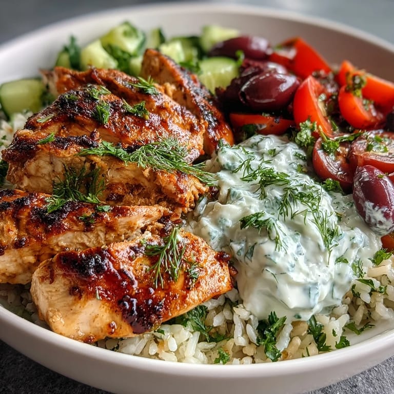 Tender marinated chicken, crisp vegetables, and tangy tzatziki combine in this wholesome Greek Chicken Bowl meal.