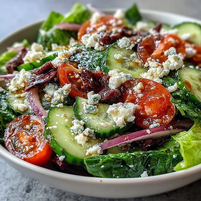 Colorful Greek Salad Bowl in a white bowl, drizzled with tangy red wine vinaigrette and sprinkled with aromatic oregano for serving.