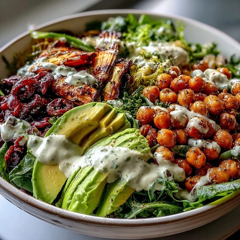A close-up of creamy hummus and zesty tahini dressing drizzled over a colorful Vegan Mediterranean Buddha Bowl.