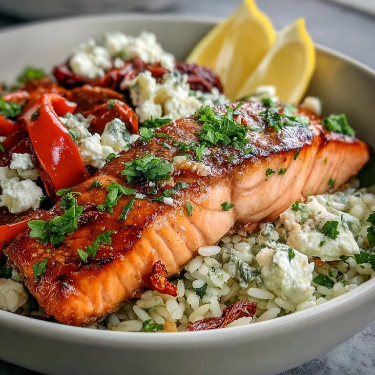 Bright baby bell peppers and creamy feta cheese top a golden Mediterranean Salmon Bowl with crispy rice.