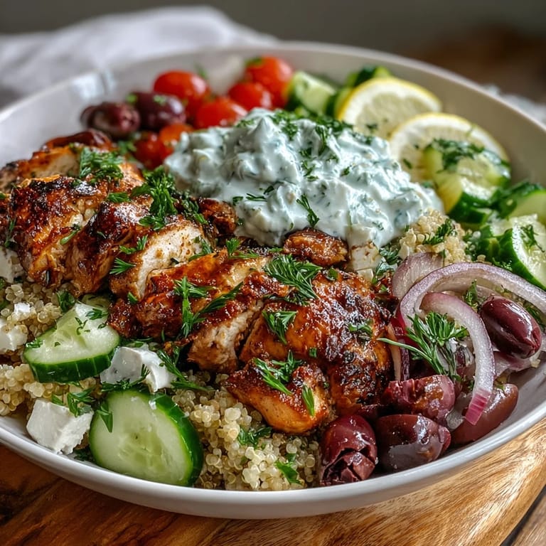 Healthy Greek Chicken Power Bowl meal prep featuring juicy marinated chicken, feta, olives, and vibrant veggies, served as a high-protein lunch or light dinner.