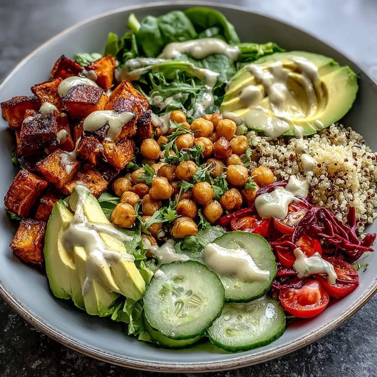 Colorful Buddha Bowl featuring wholesome quinoa, tender roasted sweet potatoes, golden crispy chickpeas, and fresh veggies topped with rich garlic tahini dressing.