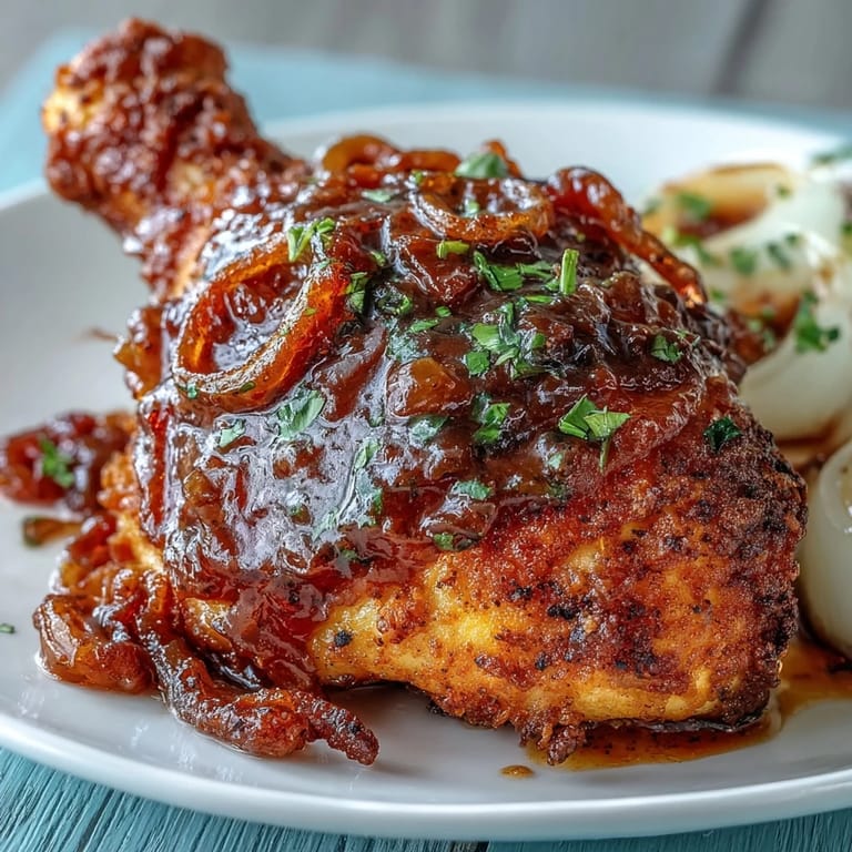 Tender Soul Food Smothered Chicken with Onion Gravy, golden-brown chicken smothered in a thick, buttery onion gravy for classic comfort food.