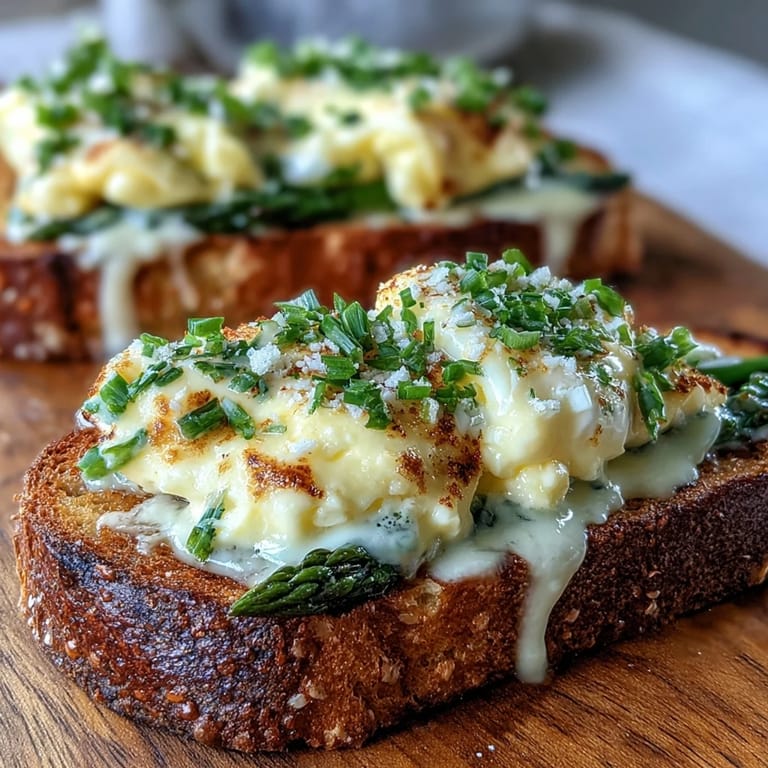 Rustic tartines topped with velvety eggs, crisp asparagus, and lemon zest for a bright spring brunch.