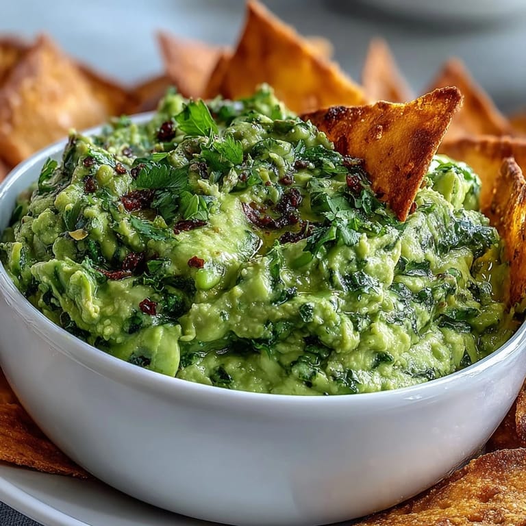Creamy avocado and edamame blend in this fresh guacamole, paired with warm, spiced pita chips perfect for dipping.  