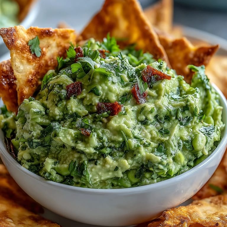 Bright and flavorful edamame guacamole with lime and cilantro, served alongside crunchy homemade pita chips for easy sharing.