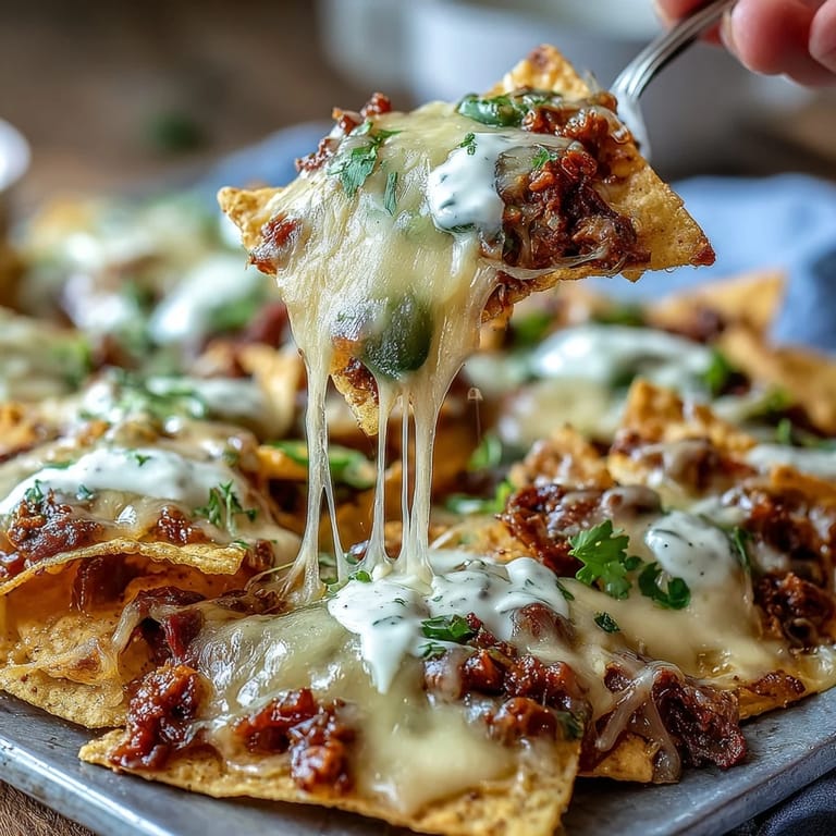 Gooey Loaded Baseball Nachos featuring savory beef, tangy jalapeños, and melty cheese sauce, ready to serve at your next gathering.