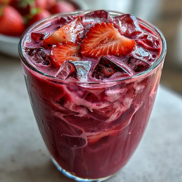 A frosty pink beverage topped with sliced strawberries, combining sweet berry flavors and luscious coconut cream.