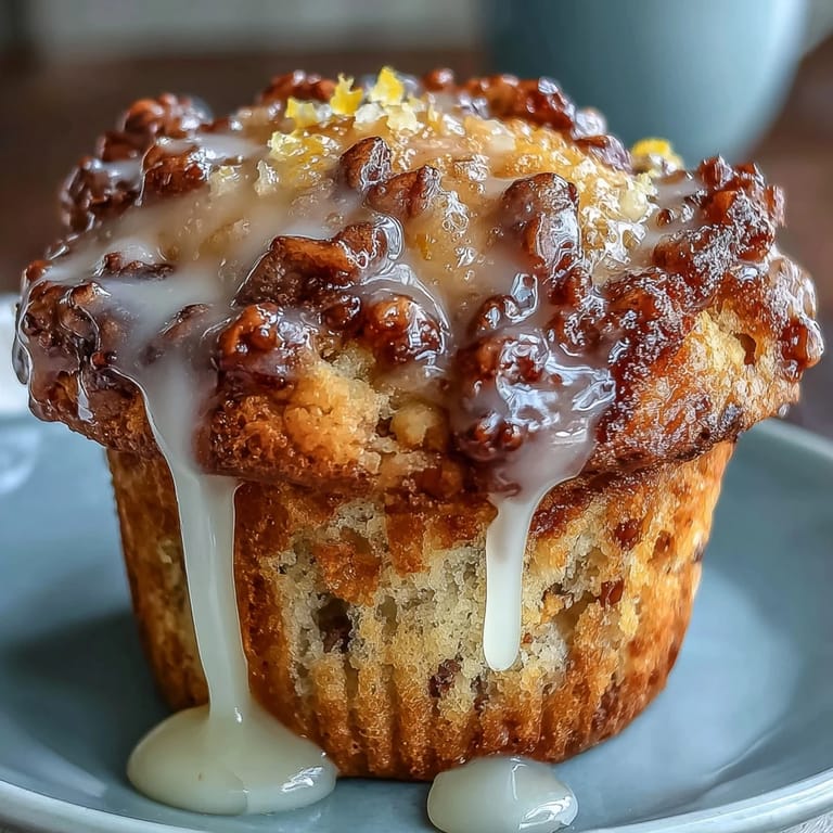 Golden lemon muffins dotted with crunchy poppy seeds, topped with a glossy sweet-tart lemon glaze.
