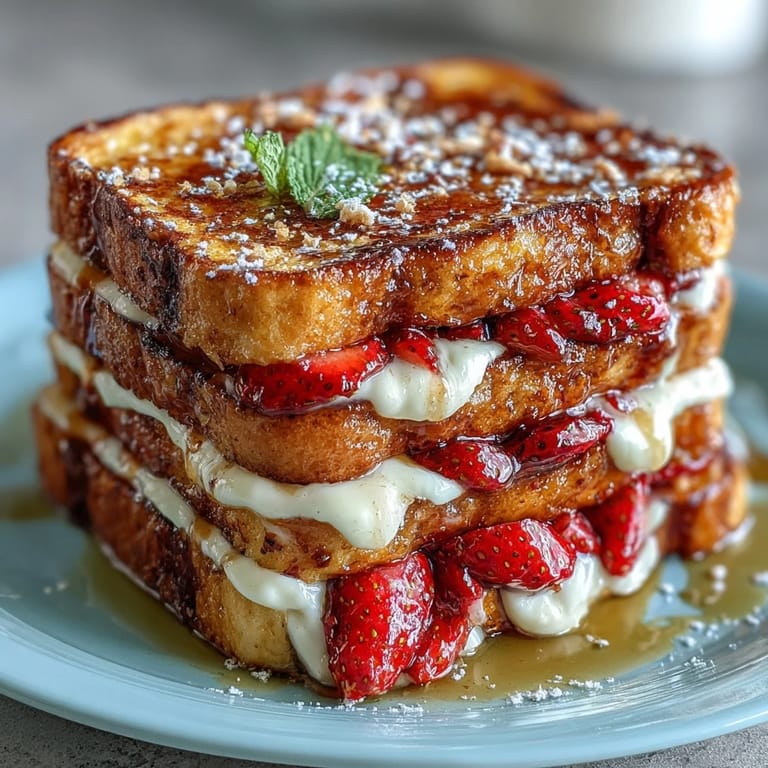 Warm, custard-soaked brioche layered with ripe strawberries, baked until golden and topped with crunchy almonds and sparkling sugar crystals.