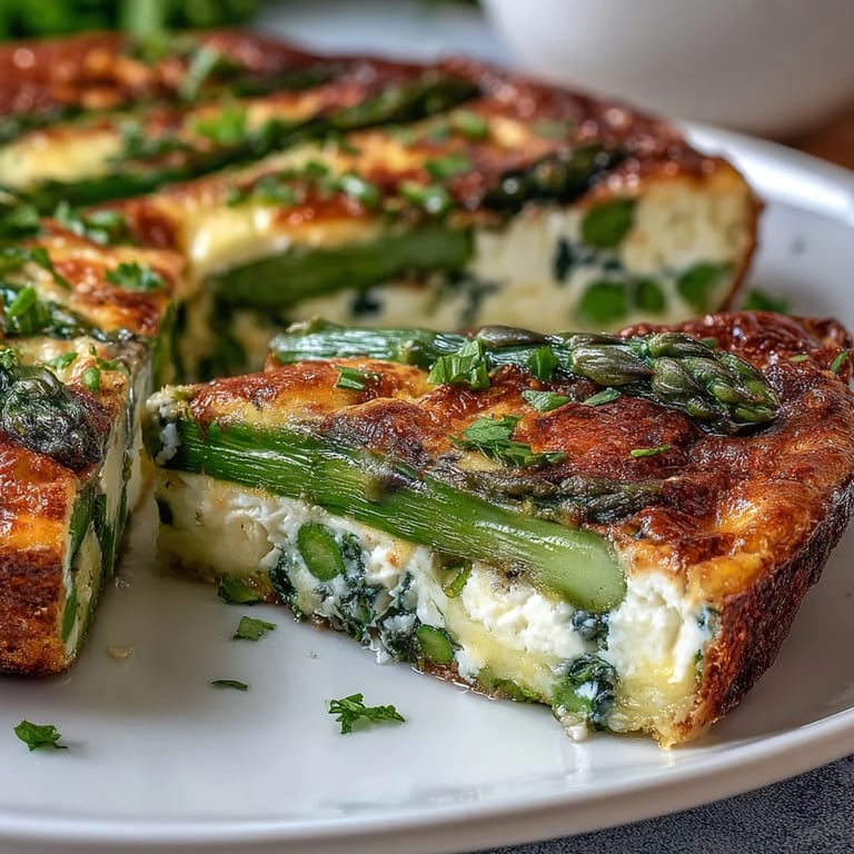 Fluffy spring frittata baked with asparagus, peas, and goat cheese, garnished with fresh chives and dill for a bright, herby finish.