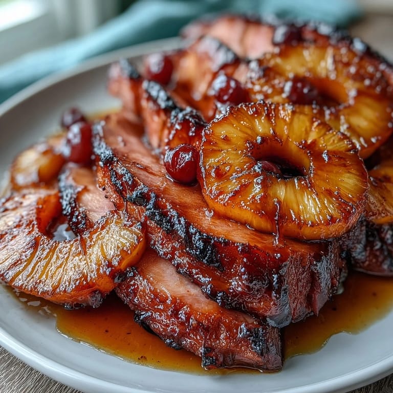 Succulent Honey Glazed Ham with Pineapple rings is baked to perfection, featuring a rich brown sugar-honey glaze and festive cherry centers.