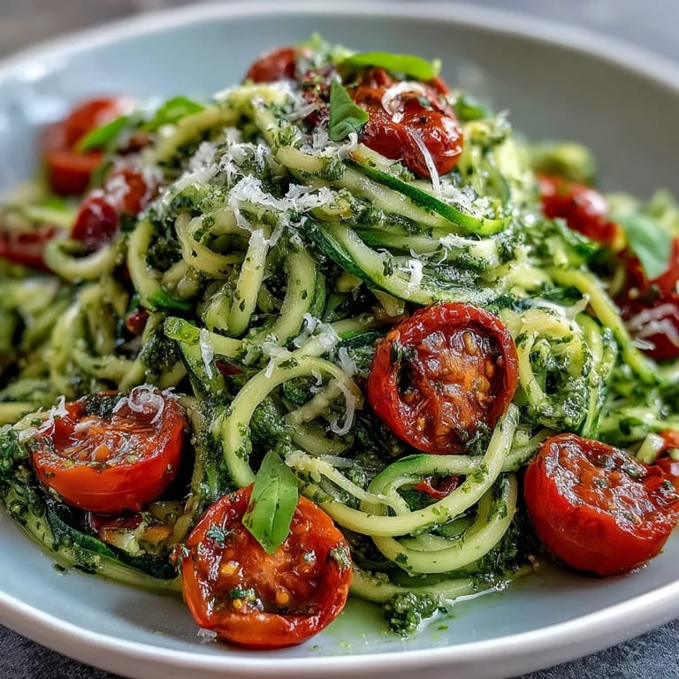 Colorful plate of Zucchini Noodles with Pesto and Cherry Tomatoes, garnished with Parmesan and fresh basil, perfect for a healthy summer meal.  