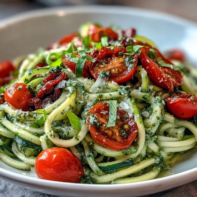 Light and flavorful Zucchini Noodles with Pesto and Cherry Tomatoes, sautéed to crisp-tender perfection and tossed in fragrant basil pesto.