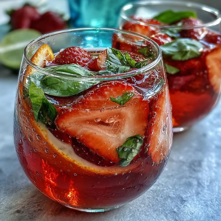 Refreshing Strawberry Basil Sangria Mocktail with citrus slices and fragrant basil, served over ice for a festive, alcohol-free drink.