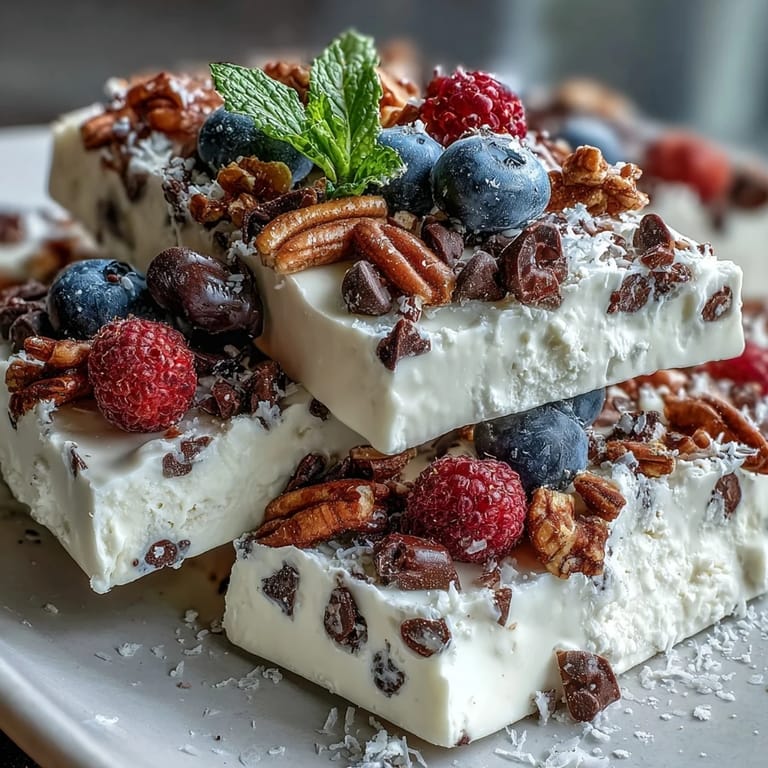 Creamy yogurt base topped with fresh berries and crunchy granola in frozen treat.