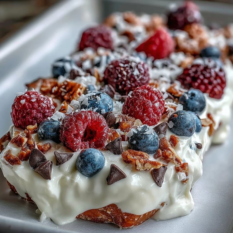 Colorful frozen yogurt bark featuring sweet berries and granola, perfect healthy dessert.