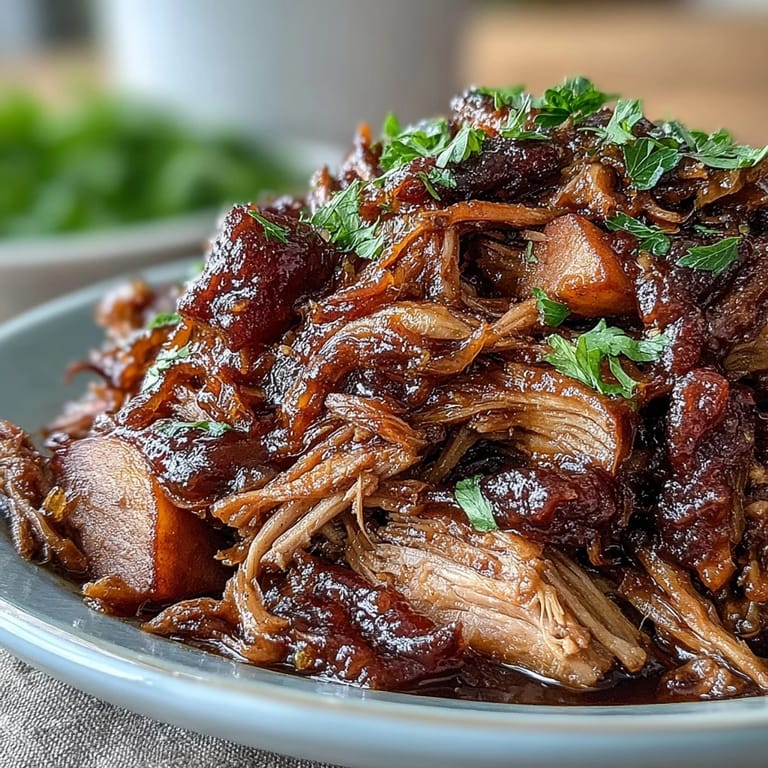 Slow-cooked honey peach BBQ pulled pork piled high on a soft bun, topped with extra BBQ sauce and juicy peach chunks.