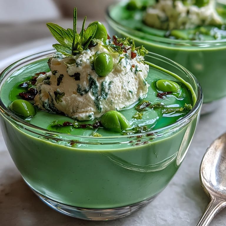 Silky green pea soup topped with light, airy whipped ricotta and fresh mint oil for a bright finish.