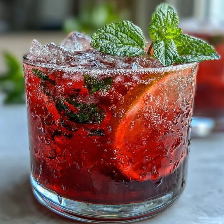 Bright pink hibiscus mint lemonade mocktail with ice cubes, garnished with lemon and mint, perfect for summer gatherings.