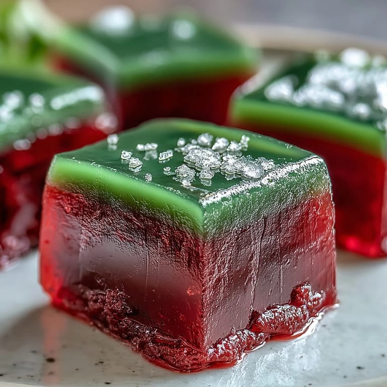 Close-up view of layered yokan with smooth red bean jelly beneath a fragrant, bright green matcha jelly.