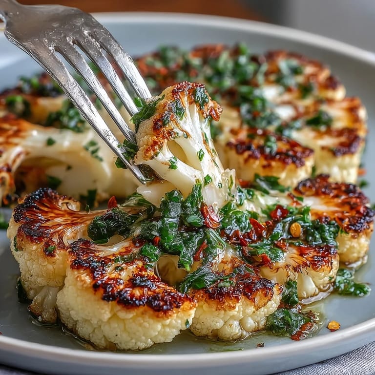 Charred BBQ cauliflower steaks drizzled with fresh, herbaceous chimichurri for a flavor-packed vegan dinner.  