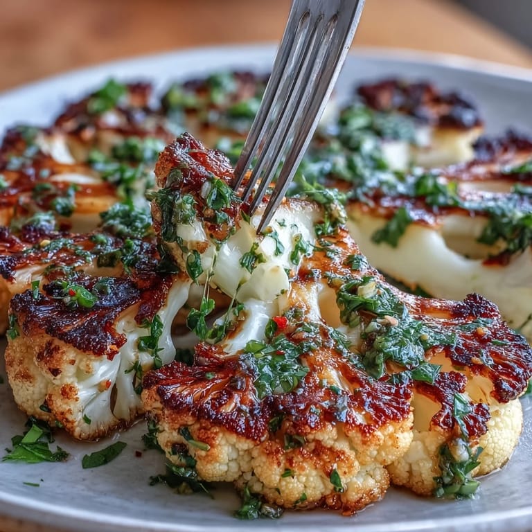 Golden-brown cauliflower steaks with smoky spices, served with zesty chimichurri for a colorful, healthy main dish.