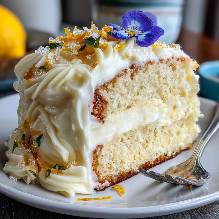 This light and zesty lemon cake features silky cream cheese frosting and a stunning floral topper for elegance.  