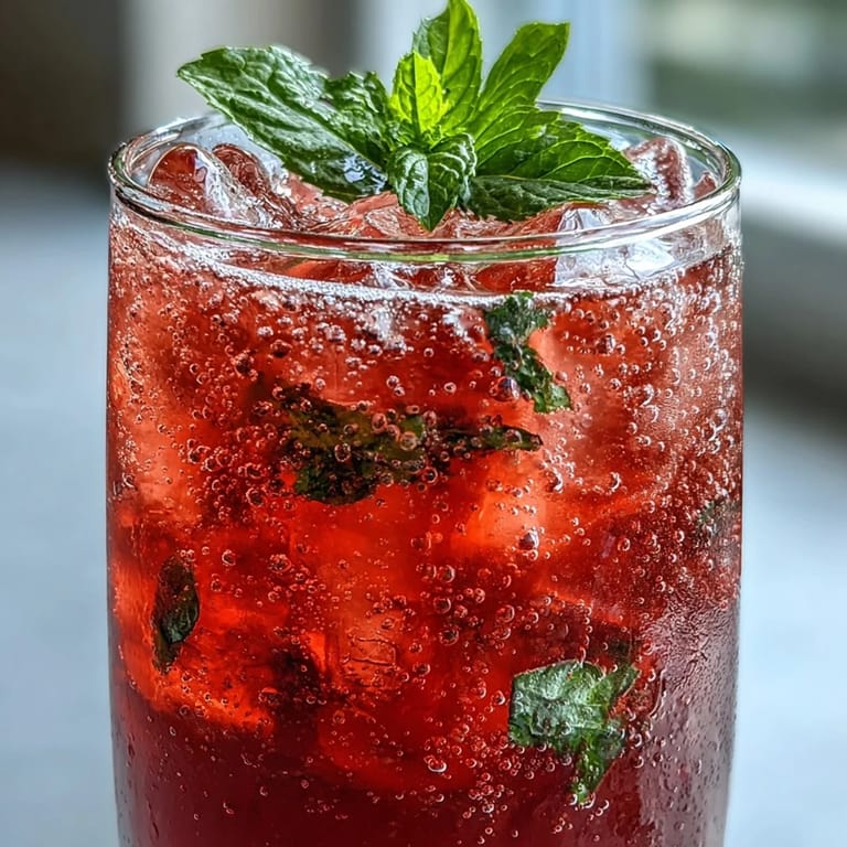Refreshing non-alcoholic hibiscus mint lemonade with sparkling water, lemon slices, and fresh mint garnish on a sunny table.  